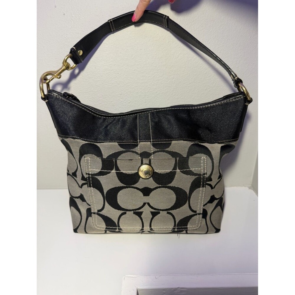 Coach Black and Gray Signature Canvas Shoulder Bag